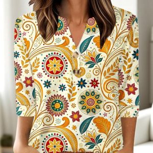 Casual Floral V Neck Three Quarter Sleeve T-shirt, T-shirts, color:Khaki|size:4XL, catalog Noracora shop
