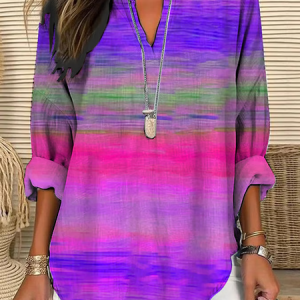 V Neck Long Sleeve Abstract Stripes Printing Regular Loose Blouse For Women, Blouses, color:Purple|size:5XL, catalog Noracora shop