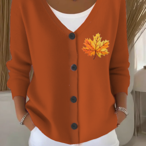 Women Maple Leaf Long Sleeve V Neck Casual Spring/Fall Cardigan Outerwear, JustFashionNow Cardigans, color:Orange|size:5XL,