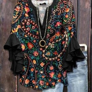 V Neck Half Sleeve Floral Regular Loose Shirt For Women, Blouses, color:Color5|size:5XL, catalog Noracora shop
