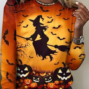 Vintage Halloween Crew Neck Long Sleeve T-shirt, T-shirts, color:Orange|size:4XL, catalog Noracora shop