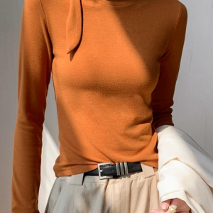 Knitted Casual Plain Lace-up Mock Neck T-shirt, Tees, color:Orange Red|size:XXL, Stylewe