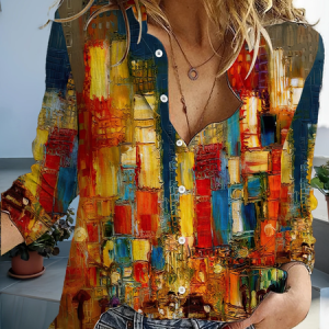 Women Abstract Long Sleeve Shirt Spring/Fall Buckle Shirt Collar Daily Casual Top, JustFashionNow Shirts, color:As Picture|size:5XL,