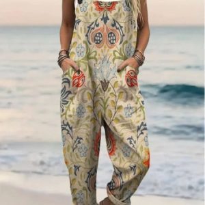 Women Paisley Square Neck Gallus Casual Summer Cotton And Linen Jumpsuit, Jumpsuits&Rompers, color:Khaki|size:4XL, catalog Noracora shop