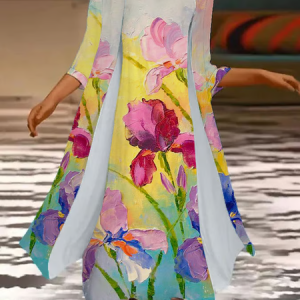 Women Floral Printing Two-Piece Set Daily Three Quarter Sleeve Casual Spring/Fall Coat With Skirt Matching Set, JustFashionNow 2-Piece Dresses, color:As Picture|size:XXL,