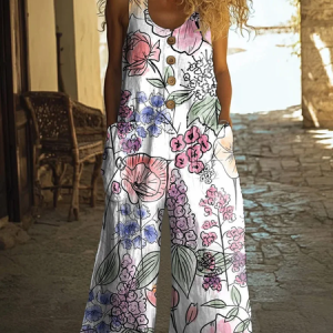 Women Floral Crew Neck Sleeveless Casual Summer Cotton Jumpsuit, Sets, color:As Picture|size:4XL, catalog Noracora shop