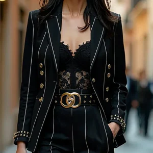 Urban Buttoned Striped Lapel Collar Blazer, Blazers, color:Black-white|size:XXL, Stylewe