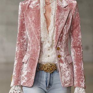 Urban Velvete Plain Lapel Collar Blazer, Blazers, color:Pink|size:XXL, Stylewe