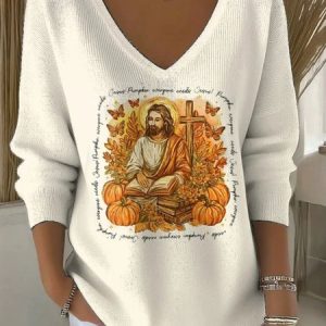 Women Cotton Jesus Copy Long Sleeve Comfy Casual Sweater, Sweaters, color:Apricot|size:4XL, catalog Noracora shop
