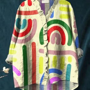 Women Geometric Long Sleeve Shirt Spring/Fall Printing Lotus Leaf Collar Daily Vintage Top, JustFashionNow Blouses, color:Color19|size:5XL,