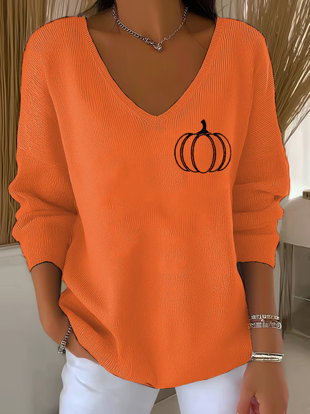 Women Halloween (pumpkin) Long Sleeve Tee T-shirt V Neck Printing Casual Spring/Fall Top, JustFashionNow T-Shirts, color:Orange|size:4XL - Image 4