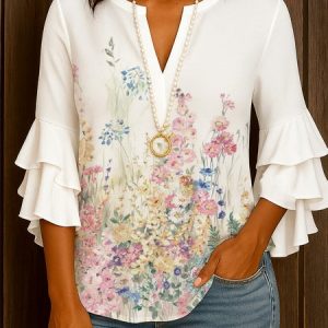 V Neck Long Sleeve Floral Regular Micro-Elasticity Regular Fit Shirt For Women, Shirts, color:White|size:3XL, catalog Noracora shop