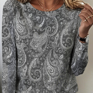 Vintage Paisley Crew Neck Long Sleeve T-shirt, T-shirts, color:Gray|size:4XL, catalog Noracora shop