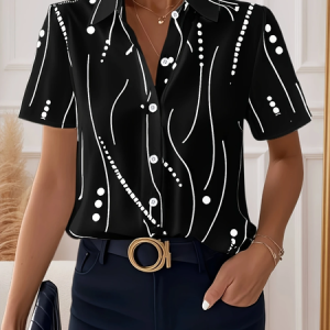 Shirt Collar Short Sleeve Abstract Stripes Printing Regular Micro-Elasticity Loose Button Up Shirt Shirt For Women, Shirts, color:Black|size:5XL, catalog Noracora shop