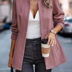 Women Spring/Fall Outerwear Casual Split Joint Geometric Long Sleeve Shawl Collar Jacket, JustFashionNow Jackets, color:Deep Pink|size:XXL,