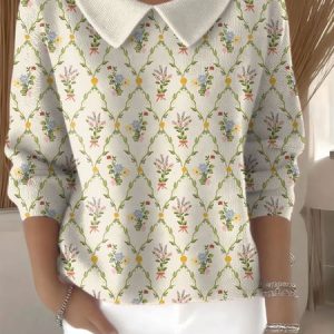 Women Cotton Geometric Long Sleeve Comfy Casual Sweater, Sweaters, color:White|size:4XL, catalog Noracora shop
