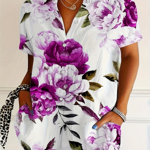 Women Floral Short Sleeve Shirt Summer Printing Shirt Collar Daily Casual Top, JustFashionNow Shirts, color:Purple|size:5XL,
