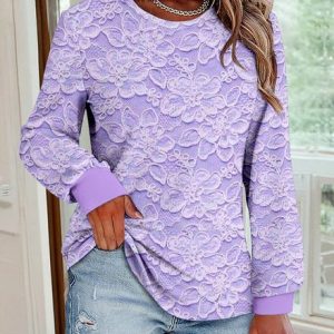 Casual Floral 3D Print Purple Crew Neck Comfy Sweatshirt, T-shirts, color:Light Purple|size:4XL, catalog Noracora shop