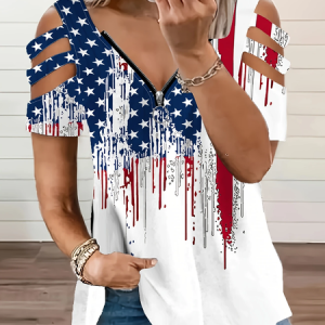 Women Independence Day (Flag) Short Sleeve Tee T-shirt V Neck Printing Vintage Summer Tunic Top, JustFashionNow T-Shirts, color:White|size:4XL,