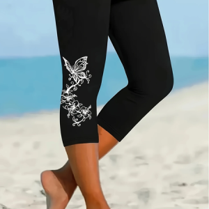 Women Floral Capris Elastic Waist Pants Casual Summer Trousers, JustFashionNow Leggings, color:Black|size:XXL,