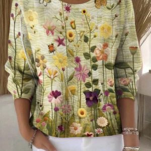Women Cotton Floral Long Sleeve Comfy Vintage Sweater, Sweaters, color:Lightgreen|size:4XL, catalog Noracora shop