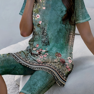 Women Floral Printing Two-Piece Set Daily Short Sleeve Casual Summer Top With Pants Matching Set, JustFashionNow Suit Set, color:Green|size:XXL,