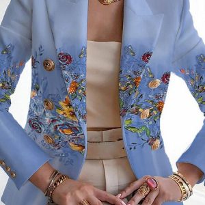 Women Floral Spring/Fall Outerwear Vintage Printing Long Sleeve Regular Blazer, Blazers, color:Light Blue|size:5XL, catalog Noracora shop