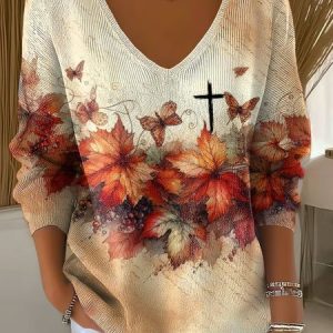 Vintage Floral V Neck Three Quarter Sleeve T-shirt, Sweaters, color:Color3|size:5XL, catalog Noracora shop
