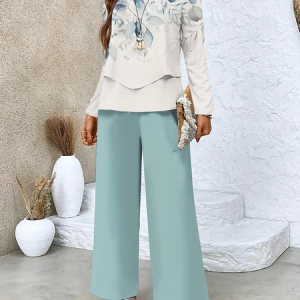 Women Floral Printing Two-Piece Set Daily Long Sleeve Casual Spring/Fall Top With Pants Matching Set, JustFashionNow Suit Set, color:Green|size:XXL,