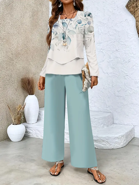 Women Floral Printing Two-Piece Set Daily Long Sleeve Casual Spring/Fall Top With Pants Matching Set, JustFashionNow Suit Set, color:Green|size:XXL,