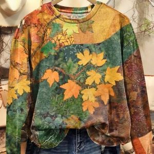 Women's Maple Leaves Art Print Crew Neck Sweatshirt, Hoodies & Sweatshirts, color:Brown|size:5XL, catalog Noracora shop