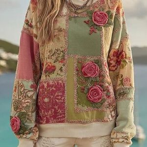 Casual Crew Neck Floral Sweatshirt, Hoodies & Sweatshirts, color:flower|size:3XL, catalog Noracora shop