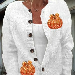 Women Knitted Pumpkin Pattern Long Sleeve Comfy Vintage Cardigan, Sweaters, color:White|size:5XL, catalog Noracora shop