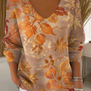 Casual Maple Leaf V Neck Long Sleeve T-shirt, T-shirts, color:Orange|size:4XL, catalog Noracora shop