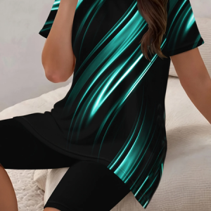 Women Abstract Printing Two-Piece Set Daily Short Sleeve Casual Summer Top With Pants Matching Set, JustFashionNow Suit Set, color:Black|size:XXL