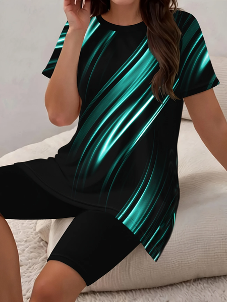 Women Abstract Printing Two-Piece Set Daily Short Sleeve Casual Summer Top With Pants Matching Set, JustFashionNow Suit Set, color:Black|size:XXL