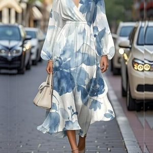 Women Floral Puff Sleeve Spring/Fall Dress V Neck Long Sleeve A-Line Dress, Dresses, color:Blue|size:5XL, catalog Noracora shop