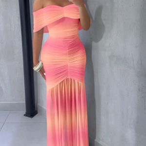 Ombre Foldover Off Shoulder Ruched Cinched Waist Maxi Dress Slim Fit Party Dress, women Party Dresses, ChicMe catalog