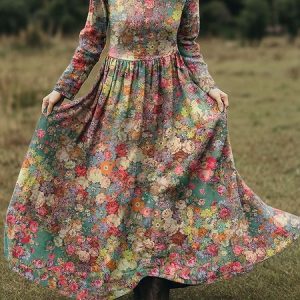 Women Floral Spring/Fall Dress V Neck Long Sleeve A-Line Dress, Dresses, color:Color3|size:5XL, catalog Noracora shop