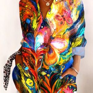 Women's Shirt Cotton Button Up Butterfly Floral Art Print Basic Blouse Casual Long Sleeve Shirt Collar Daily Top, Shirts, color:Multicolor|size:5XL, catalog Noracora shop