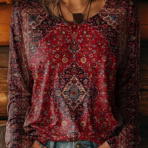 Casual Ethnic Crew Neck Long Sleeve T-shirt, T-shirts, color:Wine Red|size:XXL, catalog Noracora shop