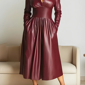 Elegant Plain Stand Collar Midi Dress, Midi Dresses, color:Wine Red|size:XXL, Stylewe