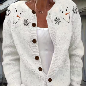 Women Christmas Snowman Printing Long Sleeve Crew Neck Vintage Spring/Fall Cardigan Outerwear, JustFashionNow Cardigans, color:White|size:5XL,