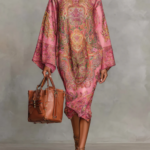 Plus Size Urban Paisley Printing Midi Dress, Plus Dresses, color:Pink|size:4X, Stylewe