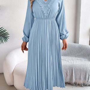 Women Plain Spring/Fall Dress V Neck Long Sleeve A-Line Dress, Maxi, color:Sky Blue|size:XL, catalog Noracora shop