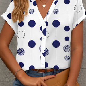 V Neck Short Sleeve Polka Dots Printing Regular Micro-Elasticity Regular Fit Button Up Shirt Shirt For Women, Shirts, color:White|size:5XL, catalog Noracora shop