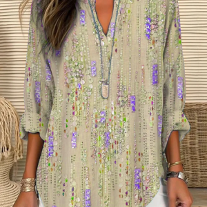 V Neck Long Sleeve Abstract Printing Regular Loose Blouse For Women, Blouses, color:Khaki|size:5XL, catalog Noracora shop