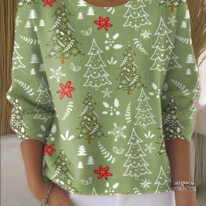 Women Christmas Printing Spring/Fall Casual Long Sleeve Crew Neck Sweater, JustFashionNow Sweaters, color:Green|size:5XL,