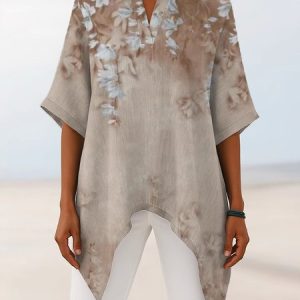 Women Floral Half Sleeve Shirt Summer Printing V Neck Daily Vintage Top, JustFashionNow Blouses, color:Khaki|size:3XL,