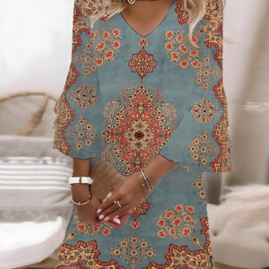 Women Floral Summer Printing Dress V Neck Half Sleeve H-Line Dress, Dresses, color:Blue|size:XXL, catalog Noracora shop